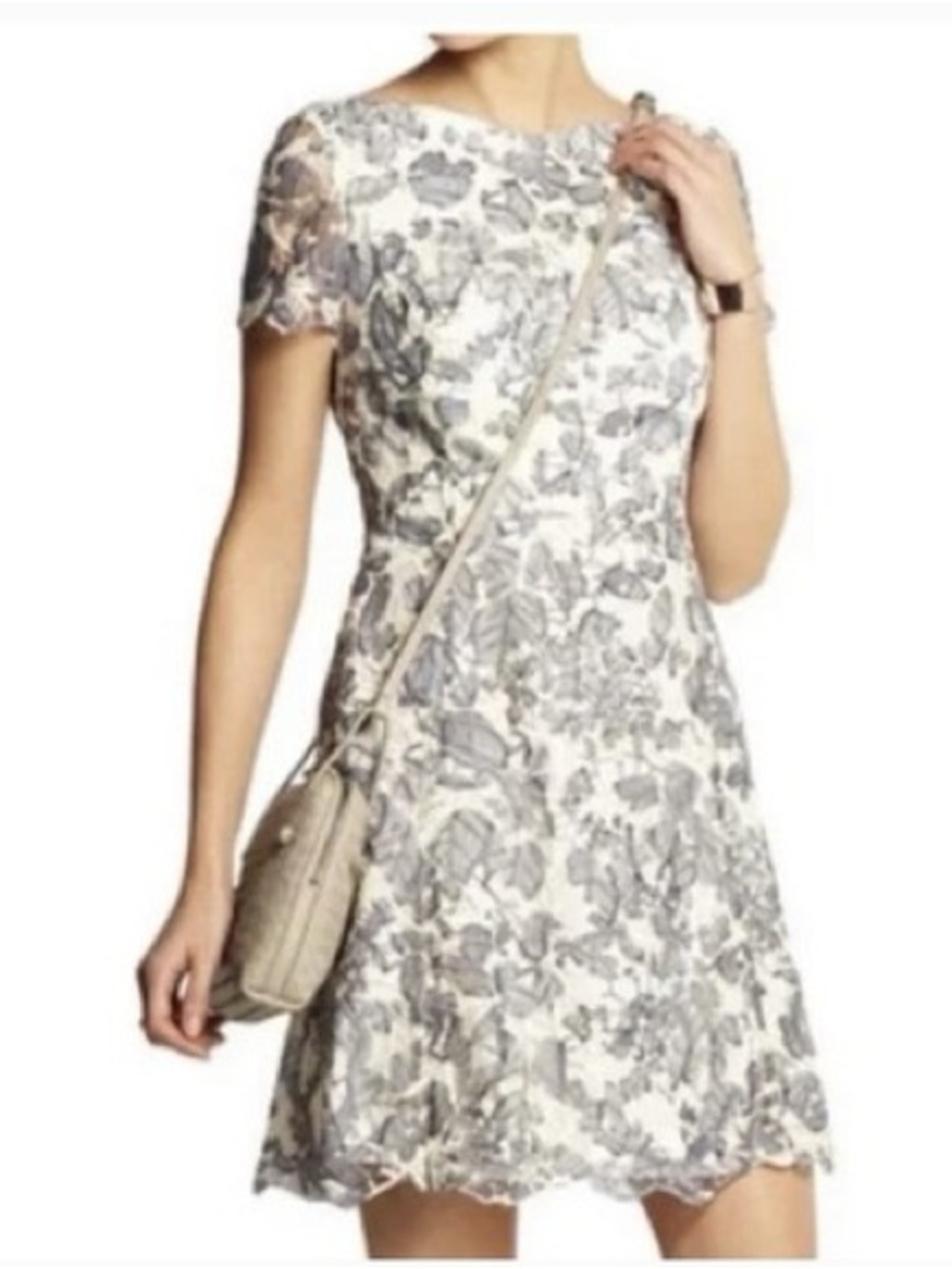 BNWT- Tory Burch Gray Cream Summer Leaf Nature Guipure Dress